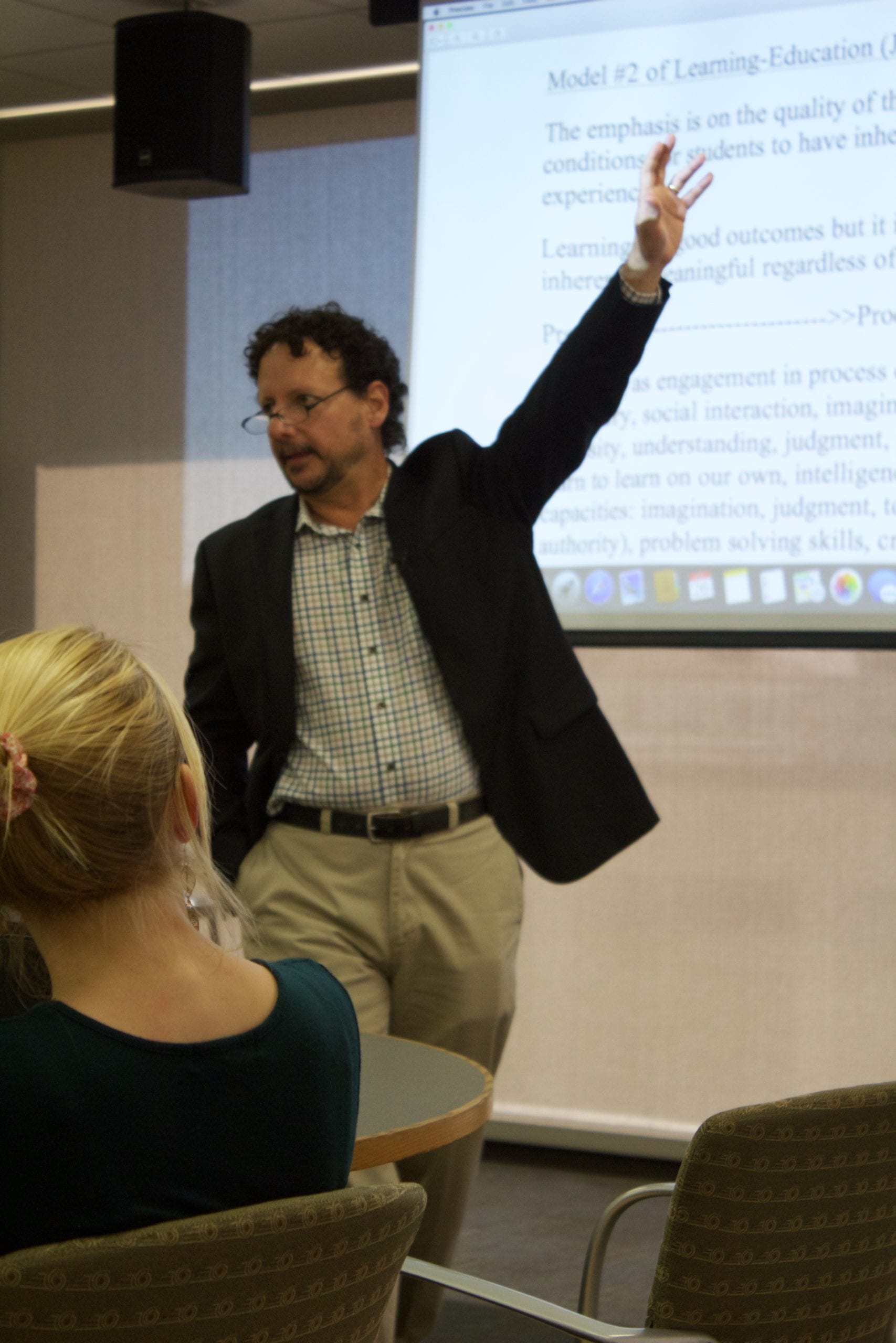 Fig 2- Professor Gregory Pappas explains two different types of democracy, what he calls thin democracy and thick democracy (Photo-Sarah Ballard)